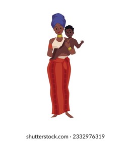 Smiling African woman holding small child in arms flat style, vector illustration isolated on white background. Decorative design element, traditional costume, culture