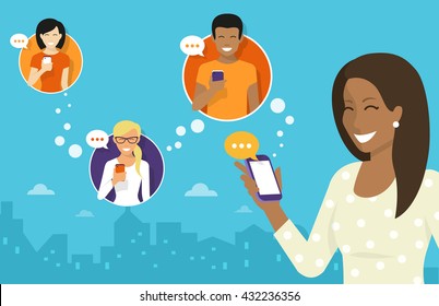 Smiling african woman holds the smartphone in her hand and sending messages to friend via messenger chat app. Flat illustration of instant texting and data sharing with friend via messenger mobile app