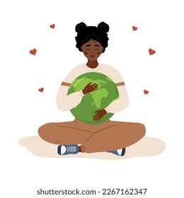 Smiling african woman hugs Planet Earth with care and love. Caring for Nature and environment. Ecological awareness concept. Make an everyday earth day. Vector illustration in flat cartoon style.