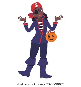 A smiling african woman in a pirate costume holding a carved halloween pumpkin bucket full of candy. Trick or treat tradition. Flat style vector illustration.