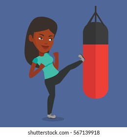 Smiling african-american boxer exercising with boxing bag. Female boxer hitting heavy bag during training. Female boxer training with the punch bag. Vector flat design illustration. Square layout.