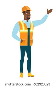 Smiling african-american builder showing a direction. Full length of young builder pointing at something and showing a direction by hand. Vector flat design illustration isolated on white background.