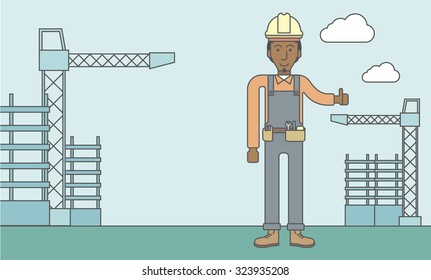 Smiling african-american builder with thumbs up at construction site. Vector line design illustration. Horizontal layout with a text space.