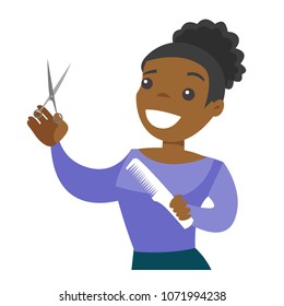 Smiling african-american hairdresser holding a comb and scissors in hands. Young professional hairdresser ready to do a haircut. Vector cartoon illustration isolated on white background. Square layout