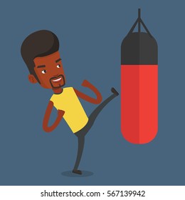 Smiling african-american male boxer exercising with boxing bag. Male boxer hitting heavy bag during training. Male boxer training with the punch bag. Vector flat design illustration. Square layout.