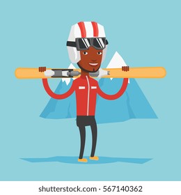 Smiling african-american man carrying skis. Sportsman standing with skis on his shoulders on the background of snow capped mountain. Young woman skiing. Vector flat design illustration. Square layout.