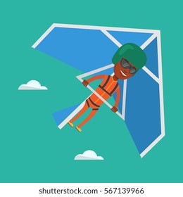 Smiling african-american man flying on hang-glider. Sportsman taking part in hang gliding competitions. Man having fun while gliding on delta-plane. Vector flat design illustration. Square layout.