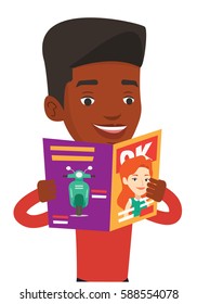 Smiling african-american man reading a magazine. Young man standing with magazine in hands. Happy man reading good news in a magazine. Vector flat design illustration isolated on white background.