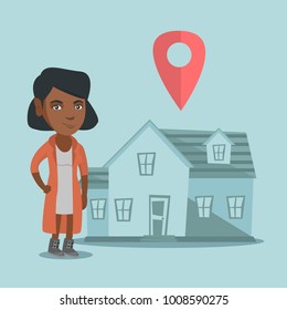 Smiling african-american real estate agent standing on the background of house with map pointer. Young real estate agent offering the house. Vector cartoon illustration. Square layout.