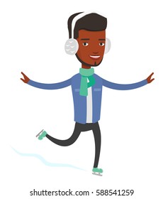 Smiling african-american sportsman ice skating. Young man ice skating. Cheerful man at skating rink. Figure skater posing on skates. Vector flat design illustration isolated on white background.