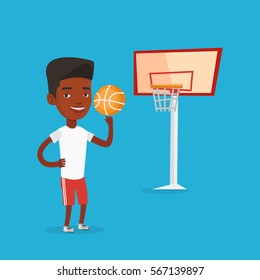 Smiling african-american sportsman spinning basketball ball on his finger. Young basketball player standing on the court. Basketball player in action. Vector flat design illustration. Square layout.