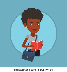 Smiling african-american student reading a book. Student reading book and preparing for exam. Student standing with book in hands. Vector flat design illustration in the circle isolated on background.