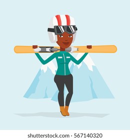 Smiling african-american woman carrying skis. Sportswoman standing with skis on shoulders on the background of snow capped mountain. Young woman skiing. Vector flat design illustration. Square layout.