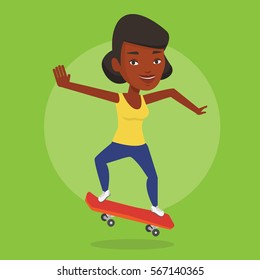 Smiling african-american woman riding a skateboard. Sportswoman skateboarding. Young skater riding a skateboard. Sportswoman jumping with skateboard. Vector flat design illustration. Square layout.