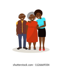 Smiling Afro American black elderly couple and their adult daughter posing together, happy family concept vector Illustration on a white background