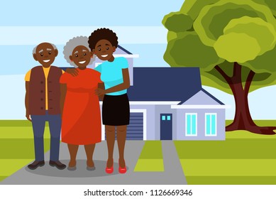 Smiling Afro American black family posing on the background of modern house vector Illustration