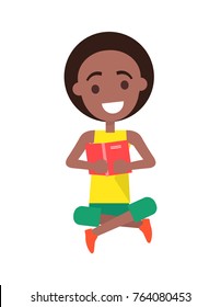 Smiling afro american boy dressed in yellow sleeveless t-shirt and green shorts holding pink hard back book with both hands isolated vector illustration