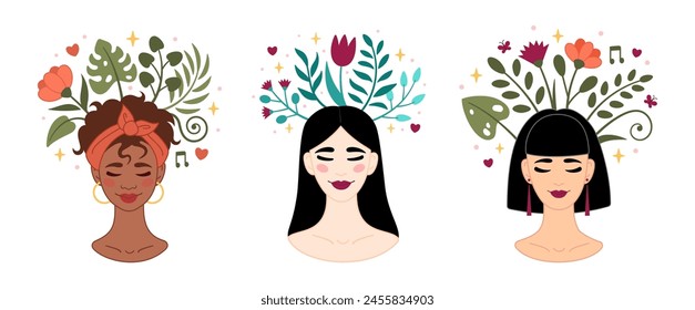 Smiling afro American, Latin, Asian woman accepts, loves herself. Mental health concept. Girl feels relaxed, confident. Flowers grow from woman head. Happiness, harmony, positive thinking, self care.