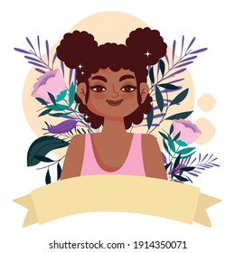 smiling afro american woman character cartoon flowers vector illustration