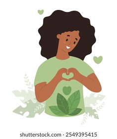 Smiling afro american Woman with curly hair Making Heart Gesture. Girl in green Eco friendly shirt with leaves. Sustainable fashion and Nature, environmental care. Vector illustration in flat style