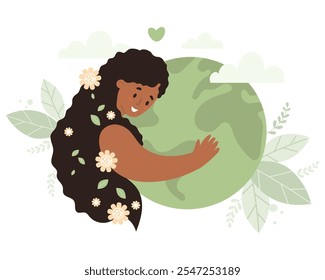 Smiling afro american Woman with long hair hugs green planet Earth. Eco friendly  Nature and environmental care. Earth Day. Vector illustration in flat style