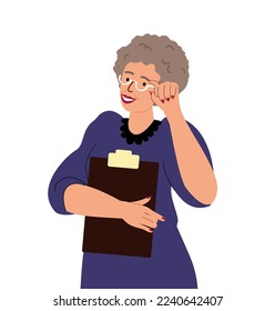 Alumna activa con edad sonriente con carpeta.Profesora o mujer de negocios.Personaje femenino de confianza.Pensionista de avanzada.Empoderamiento femenino aislado en fondo blanco.Mujer de negocios.Ilustración vectorial de la gente