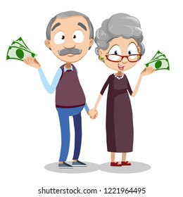 Smiling aged couple holding dollar banknotes. Retirement savings money and financial success. Happy retired couple holding hands. Pension plan for future retirement needs vector illustration