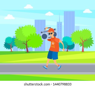 Smiling aged man going with record player in urban park, portrait view of elderly person wearing star t-shirt and glasses holding sound equipment vector