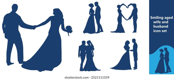  Conjunto de iconos de mujer y esposo sonriente, adulto, hogar, alegre, esposa, sonriente, juntos, relación, personas, interiores, esposo, feliz, maduro, departamento, Ilustración vectorial