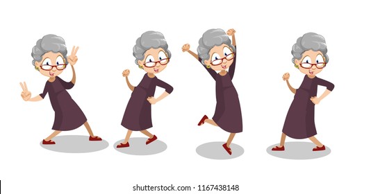 Smiling aged woman expressive dancing. Grey haired funny granny in glasses animation set. Positive elderly woman having fun personage. Active lifestyle at retirement isolated vector illustration