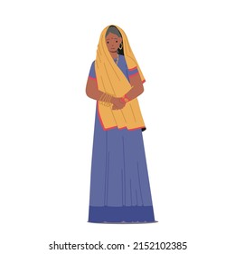 Smiling Aged Woman of India Society. Senior Indian Woman wear Long Sari and Accessories Isolated on White Background. Old Female Character Wear Traditional Clothes. Cartoon People Vector Illustration