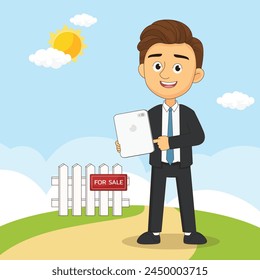 Smiling Agent Realtor Man Character Present New House House Sell Rent