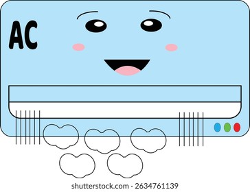 Un aire acondicionado sonriente con efecto de aire fresco en estilo de Vector plano, adecuado para bienes de clase o escuela.
