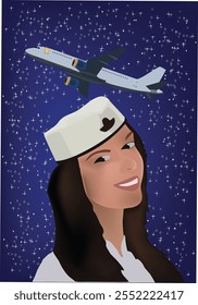 Anfitriã sorrindo com decolando avião em fundo estrelado noite, viagem e conceito de turismo