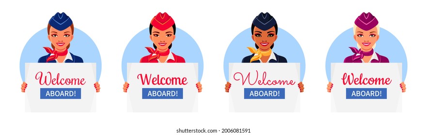 Smiling air hostesses holding welcoming posters. Slavic, Asian, Indian and European stewardesses. Set of vector colorful illustrations templates for travel ads