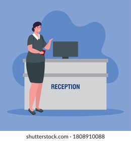smiling aircraft stewardess dressed with uniform in reception attention vector illustration design