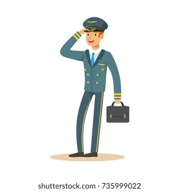 Smiling airline pilot character in blue uniform wuth briefcase, aircraft captain vector Illustration