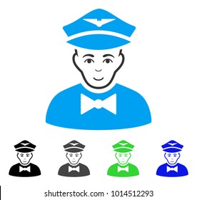 Smiling Airline Steward vector icon. Vector illustration style is a flat iconic airline steward symbol with gray, black, blue, green color versions. Human face has happy emotion.