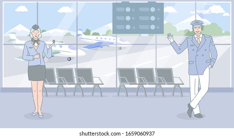 Smiling airport and airline workers in uniform welcoming you to travel by plane vector cartoon illustration. Aircraft workers, stewardess and pilot standing in airport outline characters.