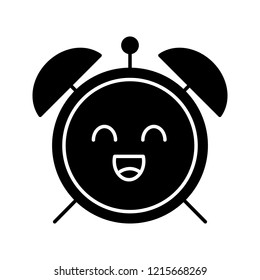 Smiling alarm clock glyph icon. Good morning. Happy morning. Emoji, emoticon. Silhouette symbol. Negative space. Vector isolated illustration