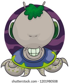 Smiling alien with antennas, green hair and tentacles, floating in its spaceship.
