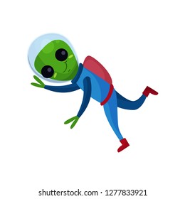 Smiling alien with big eyes wearing blue space suit flying in Space, alien positive character cartoon vector Illustration