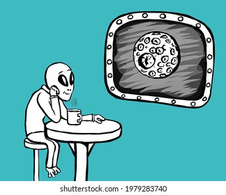 Smiling alien with a cup of hot coffee seeing at the Moon on the background of the galaxy in the window. Black and white vector illustration.