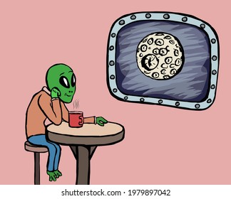 Smiling alien with a cup of hot coffee seeing at the Moon on the background of the galaxy in the window. 