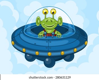 Smiling alien drives his UFO machine. Funny cartoon character