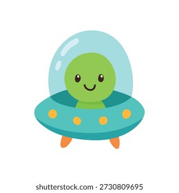 Smiling alien flying a UFO spaceship, great for sci-fi cartoons, space adventure posters, and children imagination illustrations.
