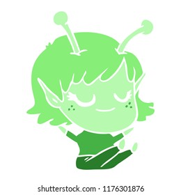 smiling alien girl flat color style cartoon sitting