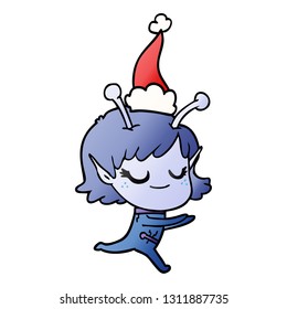 smiling alien girl hand drawn gradient cartoon of a running wearing santa hat