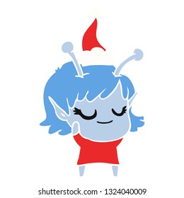 smiling alien girl hand drawn flat color illustration of a wearing santa hat