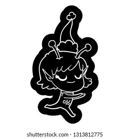 smiling alien girl quirky cartoon icon of a running wearing santa hat